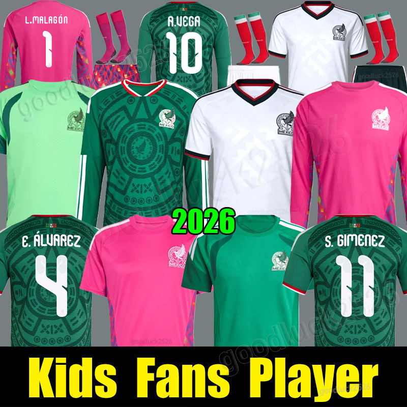 2026 World Cup Mexico Jersey RAUL GIMENEZ Soccer Jerseys 26 27 ALVAREZ LOZANO H.LOZANO VASQUEZ Football Shirts Men Kids kits Uniforms Fans Player Green Long sleeves