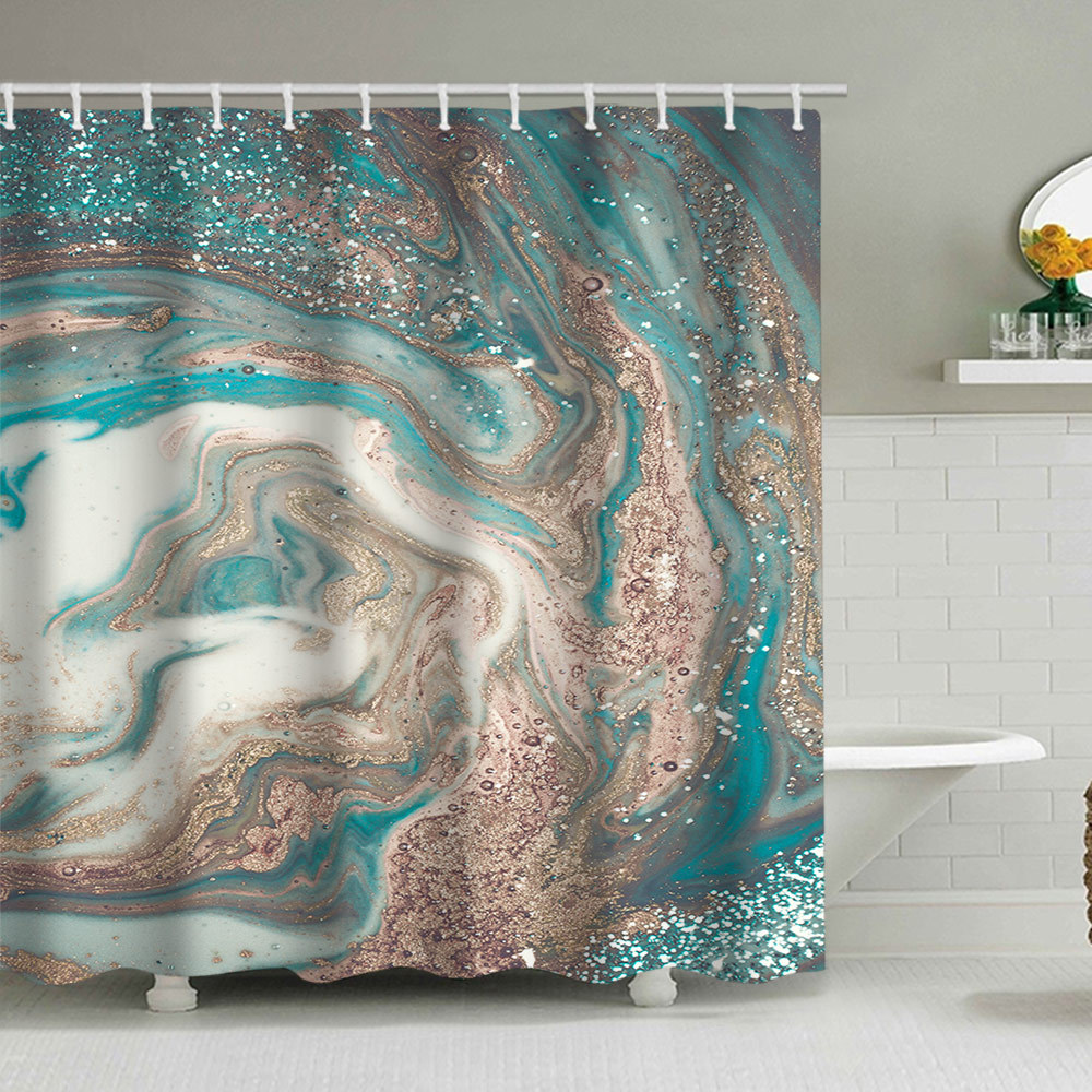 YL-38139 Marble Pattern Shower Curtain, Abstract Geometric Texture, Polyester Waterproof Shower Curtain Set with Hooks