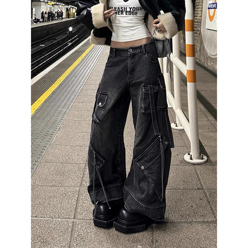 ZHIZOU Women Black Gothic Baggy Cargo Jeans Harajuku Oversize Denim Trousers Y2k 90s Vintage 2000s Emo Jean Pants Trashy Clothes 251226 - view 3