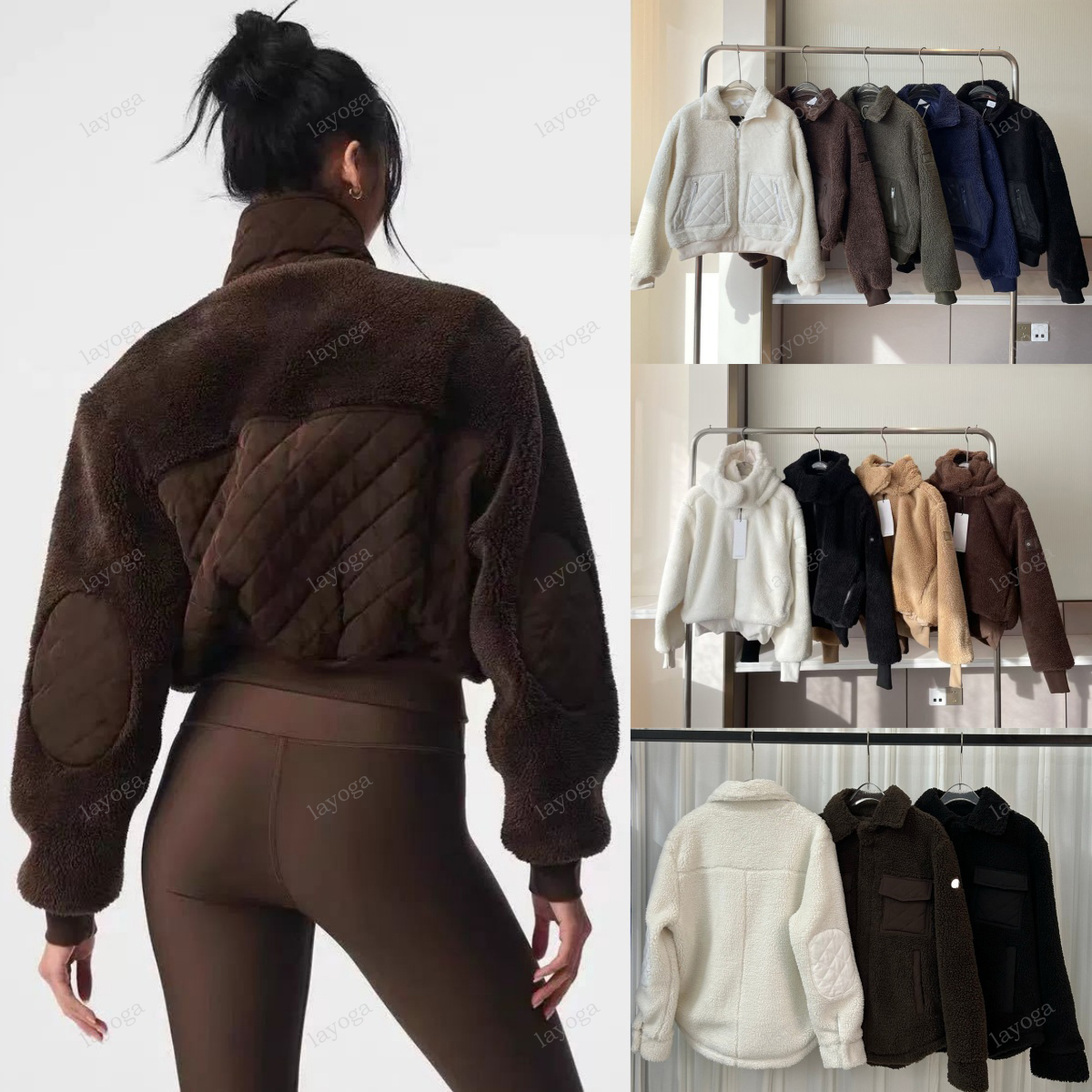 New designer jacket women brown lambhair hooded short jacket zip up sweatshirt autumn and winter warm sporty and casual stand up collar yoga gym splicing coat set