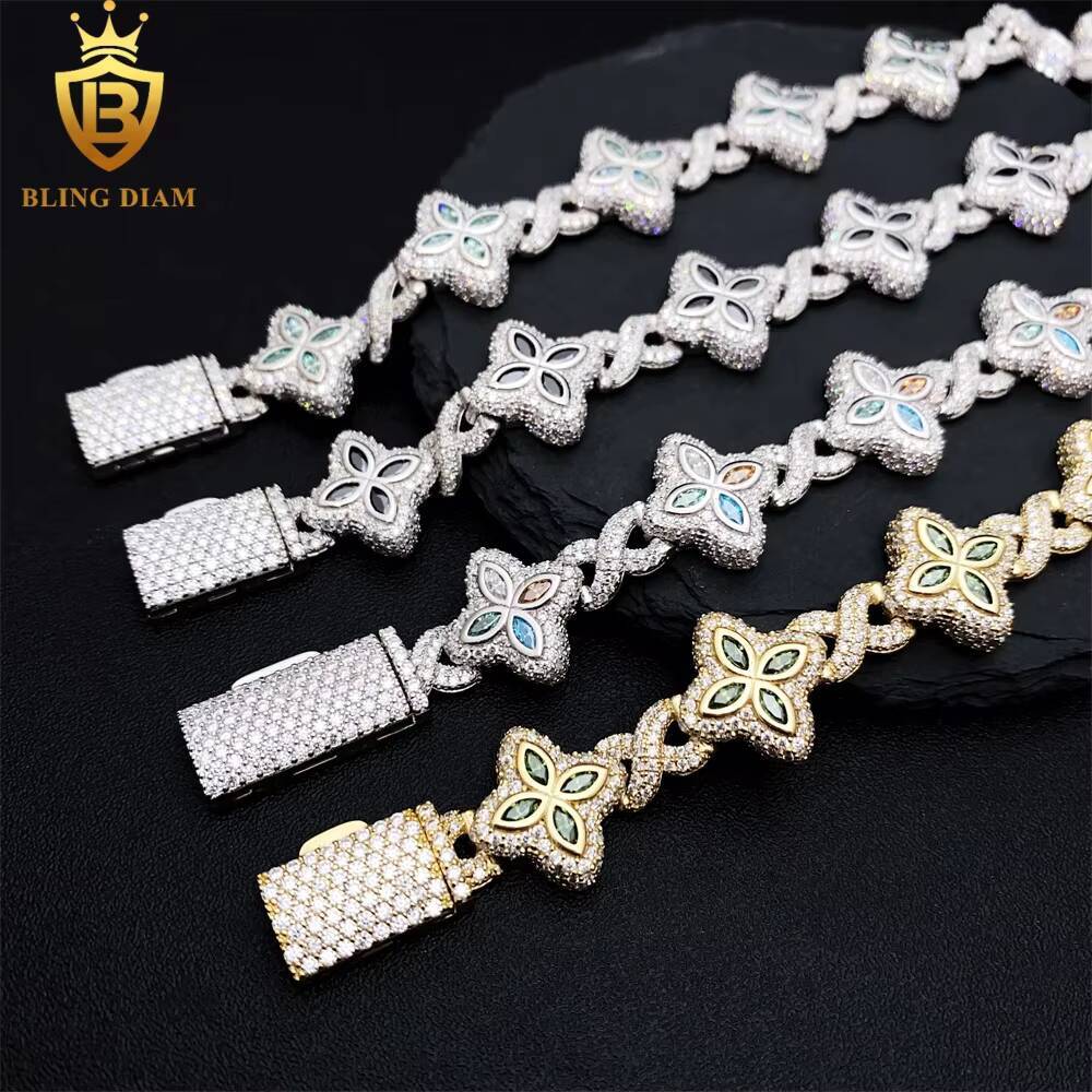 13mm New Marquise Flower Design Colorful 925 Sliver Hip Hop Jewelry Iced Out Cuban Link Moissanite Bracelet
