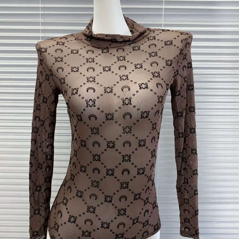 Fashion Marine Sierre Women T-Shirt Designer Mesh Transparent Sexy Jacquard Thin Women Half High Neck Moon Base Shirts T-Shirt Women's Half Moon Casual Sleeves 70d