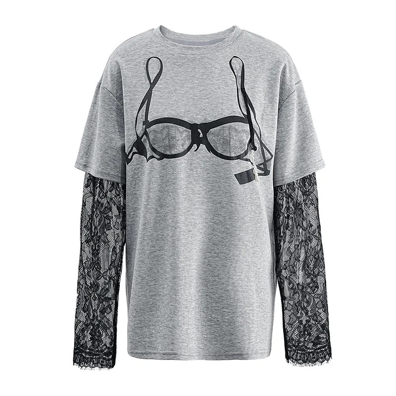 American style niche fashion printed lace long sleeved women's T-shirt winter new trend casual style T-shirt versatile luxury shirt