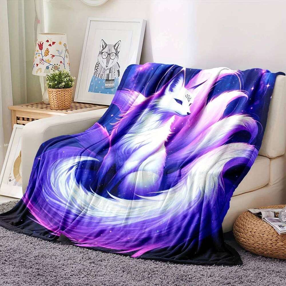 1pc Purple Nine Tail Fox Flannel Blanket Ultra-Comfortable Stylish, Perfect for Home, Office & Dorm - All-Season Warmth, Sof XJ260112