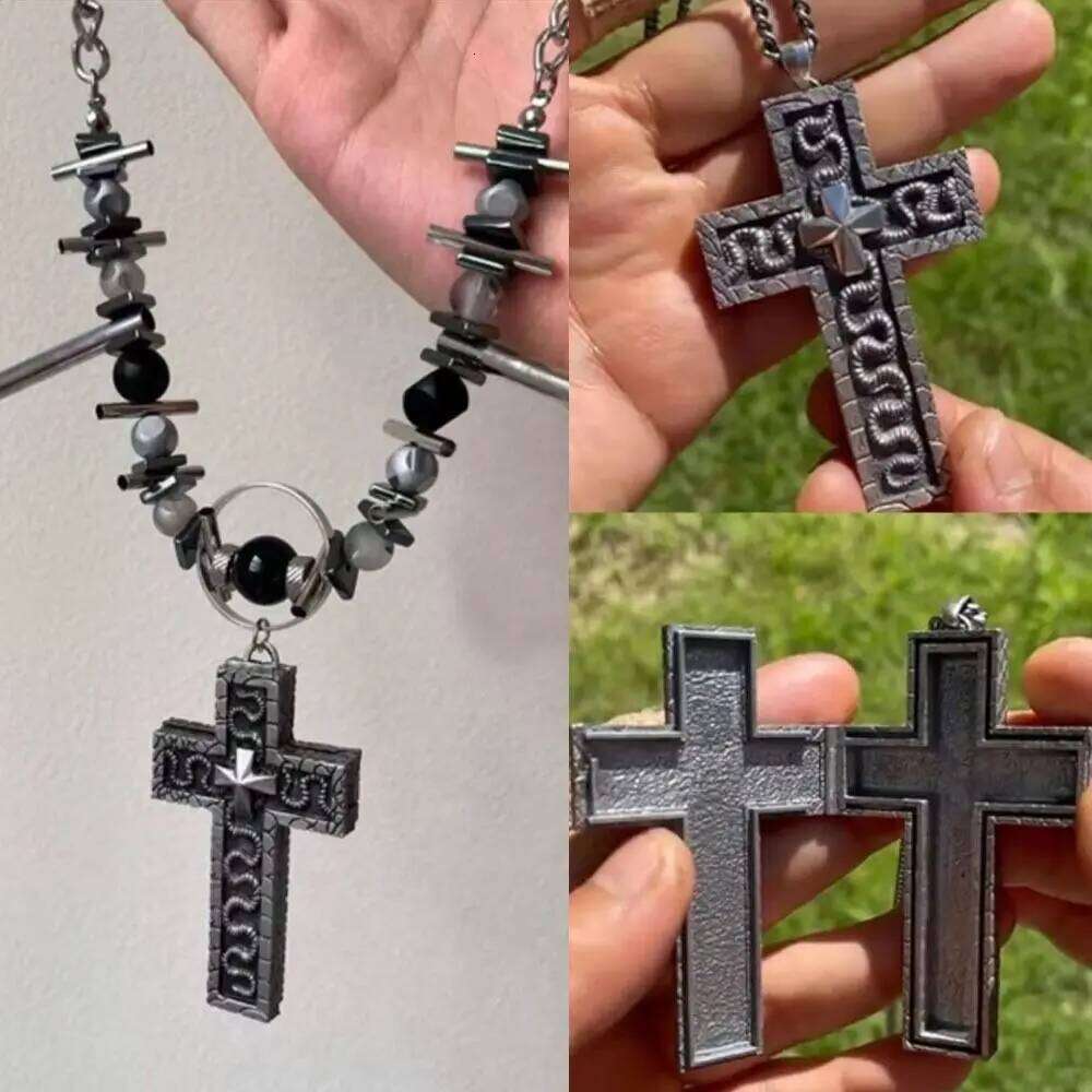 with Secret Compartment Cross 3D Printed Openable Chain Pendant Necklace Stainless Steel Vintage Charm Jewelry H260112