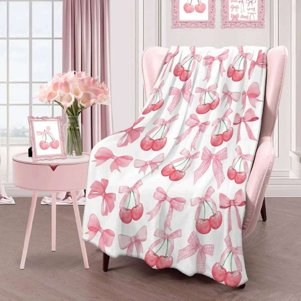 Pink Bow Throw Blanket Soft Flannel, Cute Bowknot Cherry Design, Preppy Girly Gift for Girls, Women, Teens XJ260112