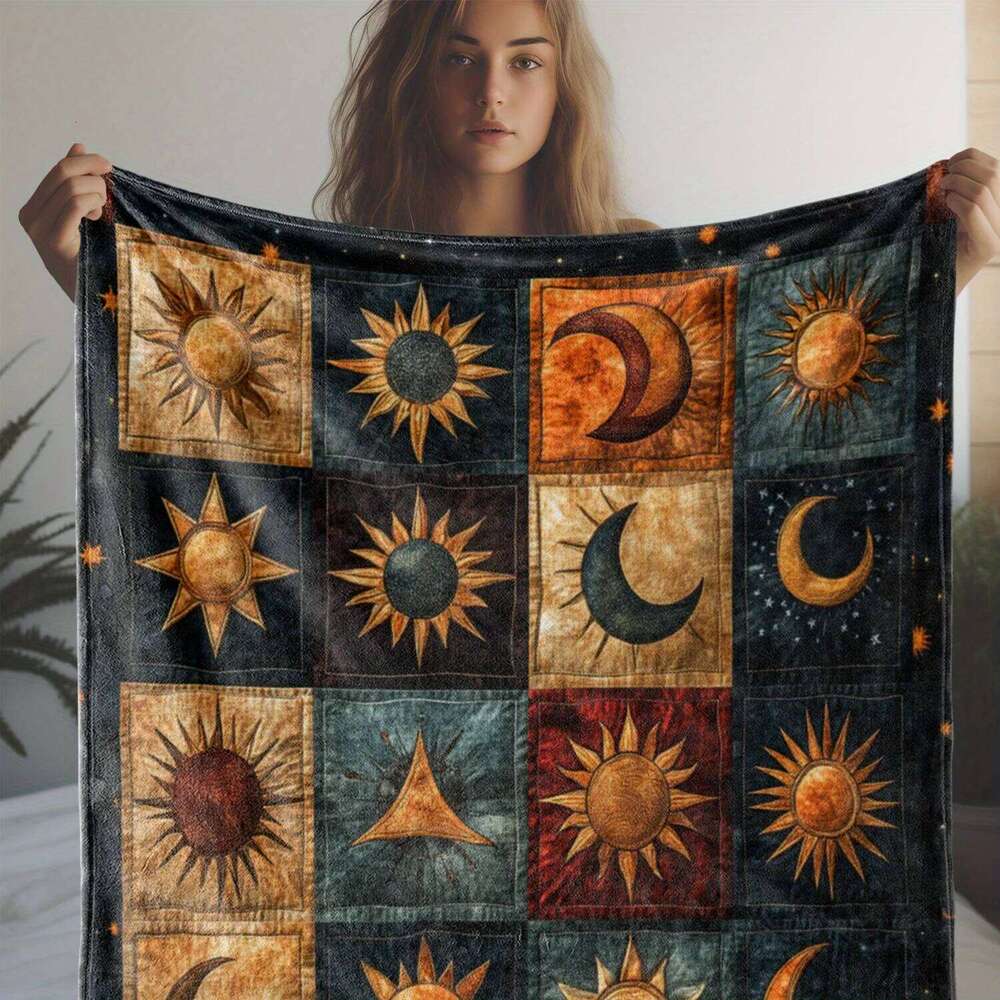Patchwork Sun Star Moon Printed Flannel Blanket - Soft Warm Cozy | All-Season Throw for Sofa/Bed/Couch/Car/Office/Campin XJ260112