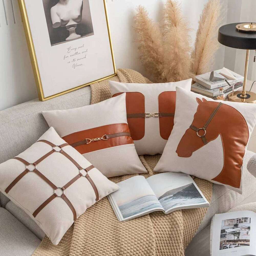 Pillow Covers Saddle Pattern Faux Leather Slub Cotton Throw Pillowcases Decorative Cushion Covers For Sofa Bed Living Room Bedroom Home Decor Durable 