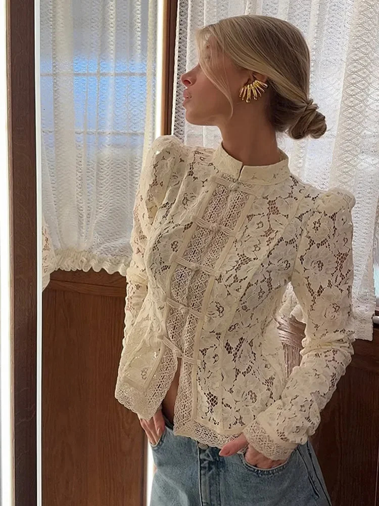 Womens Chic O Neck Full Sleeve Slim Knit Blouses Retro Chinese Hollow Out Lace Waist Shirt Summer 2025 Lady Highstreet Top 251231