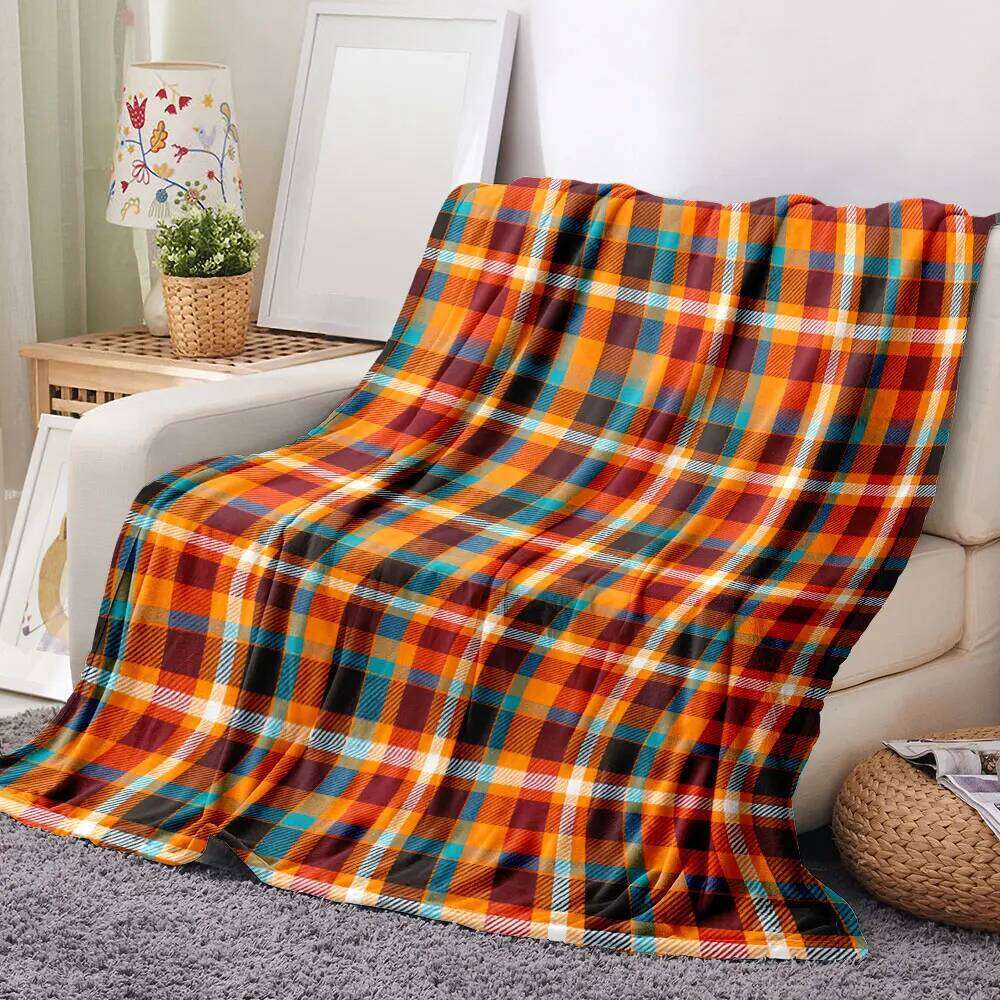 Vibrant Plaid Throw Blanket - Seamless Repeating Pattern with Orange, Red, Blue, Black White Grid, Soft & Cosy for Home Dec XJ260112