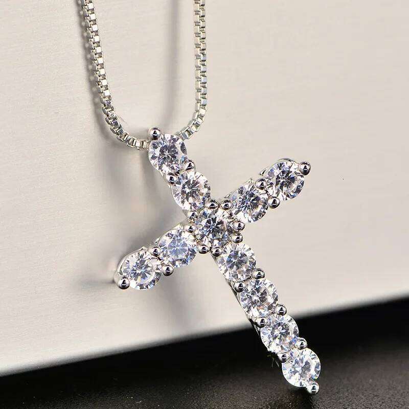 925 Sterling Silver Necklace 18 inches Box chain Shiny crystal classic cross Pendant For Women men Fashion Jewelry Gifts H260112
