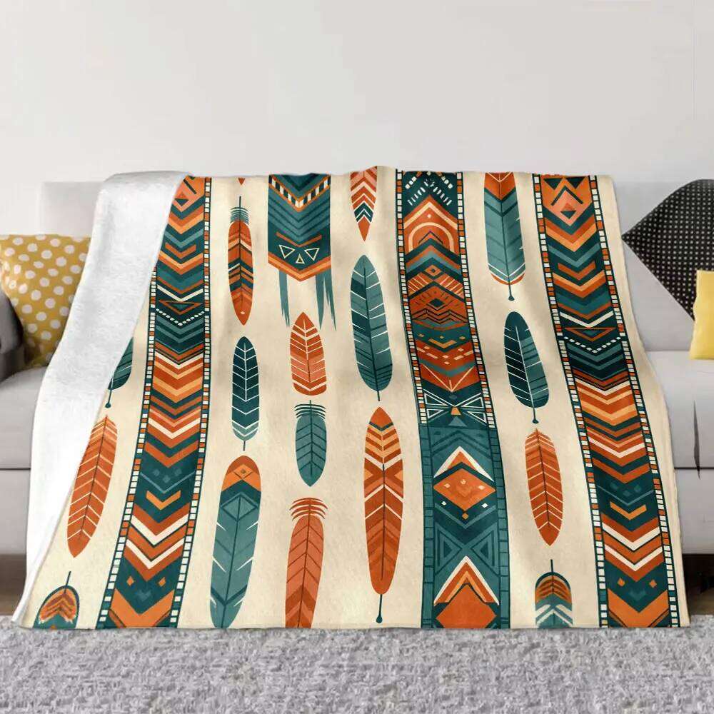 Tribal Pattern Throw Blanket - Intricate Feather & Geometric Art, Light Off-White Background, Symmetrical Design for Textiles XJ260112
