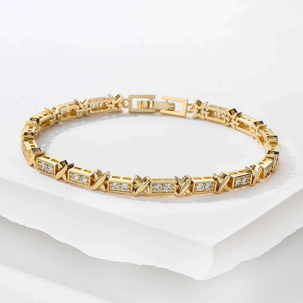 Three Colors Gold Color X-shaped Full Zircon Bracelet for Women Cross Niche Design Luxury Wedding Party Jewelry
