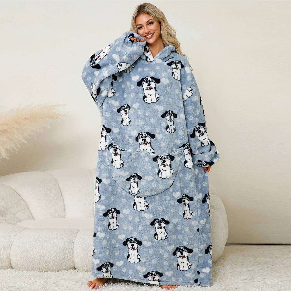 Winter Women Long Flannel Wearable with Pocket Warm Sherpa Hoodie Adults Fleece Giant TV Oversized Blanket XJ260112