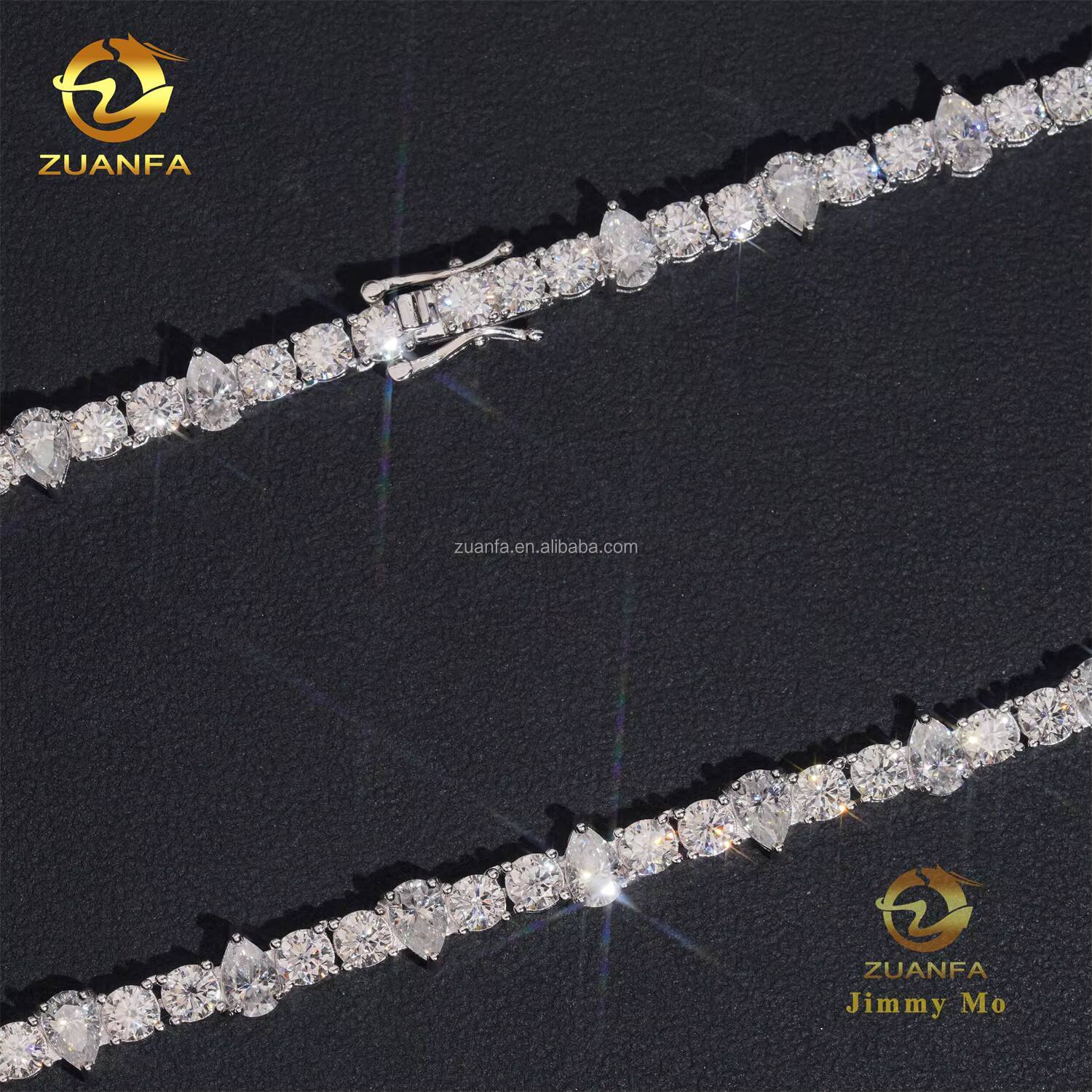 New Design Unique Elegant Style Claw Setting 4mm Upside Down 925 Solid Silver Rhodium Plated VVS Moissanite Pear Tennis Chain