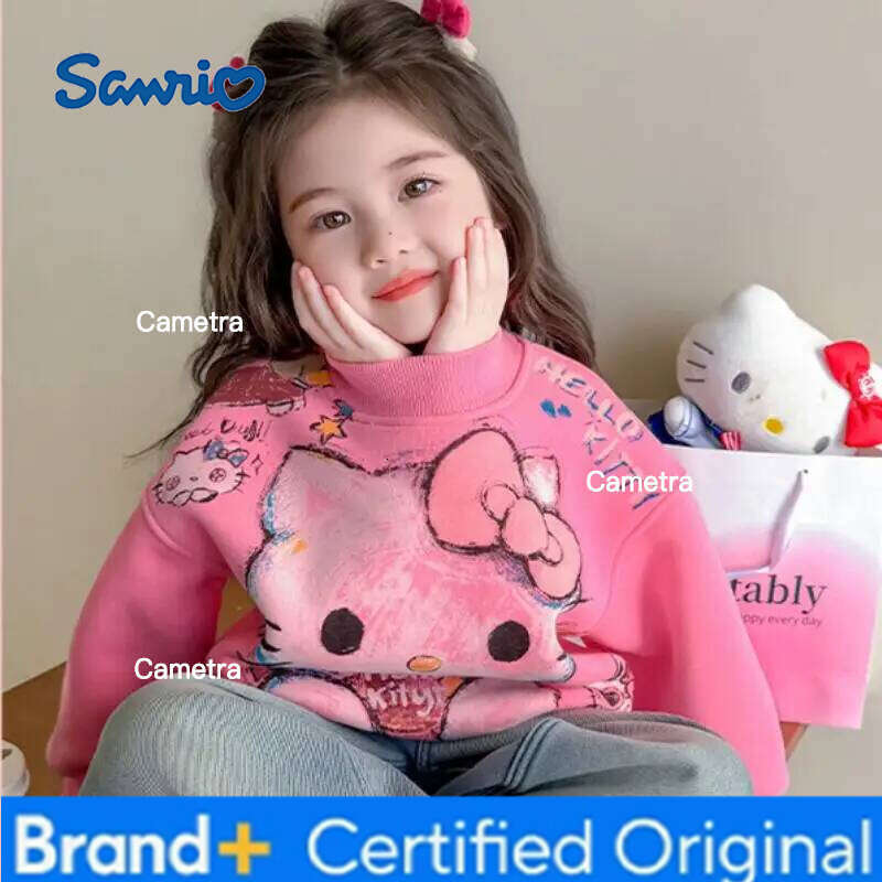 Sanrio Girls' Hello Kitty Hoodie Autumn Winter 2025 New Kawaii Anime Children's Thick Warm Tops Sweet and Comfortable Soft Sports Shirt H260