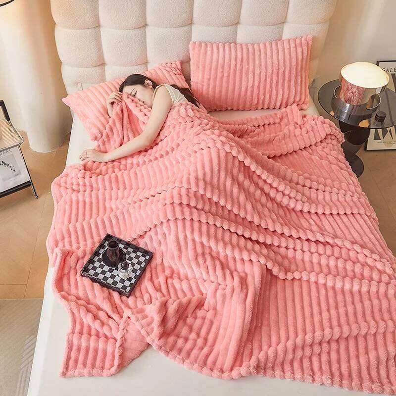 Korean Style Throw Couch, Cozy Warm Plush Striped Blanket for Sofa Bedroom Living Room,All Season Use Festival Decor XJ260112