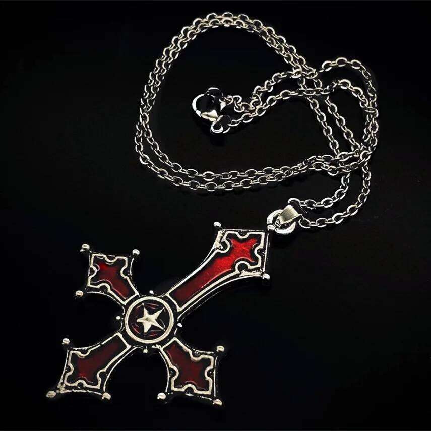 European and American retro simple fashion gothic black gem ruby cross pendant men's women's necklace H260112