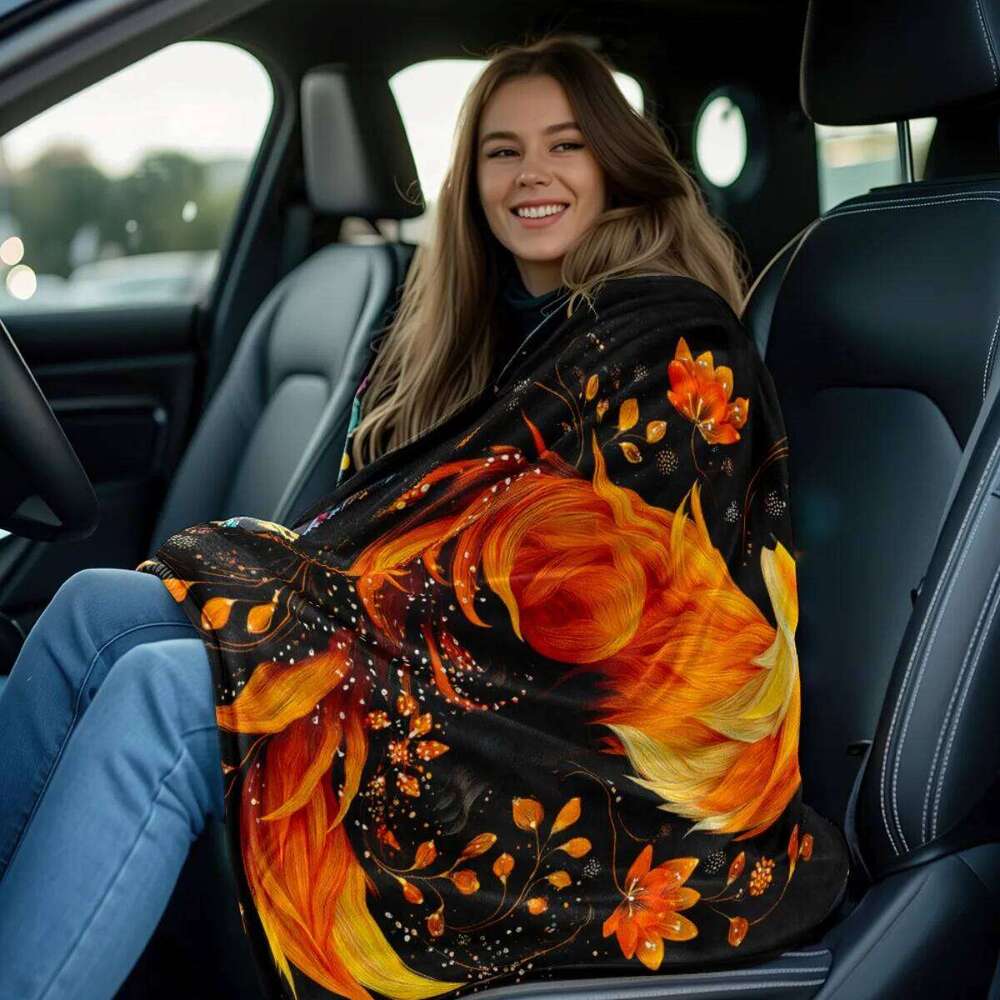 1pc Ultra-Soft Lightweight Flannel Blanket with Vibrant Orange Fox & Floral Design - Cozy Warm Throw for Camping, Travel, Home, XJ260112