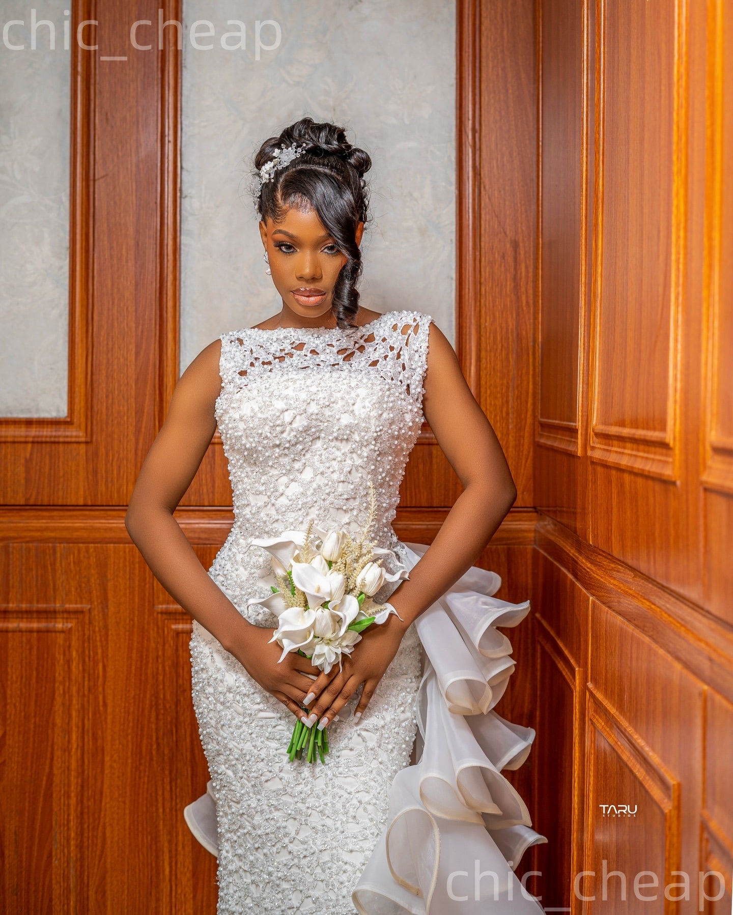 African Aso Ebi 2026 Ivory Sheath Wedding Dress Pearls Lace Vintage Detachable Train Elegant Bridal Gowns Dresses ZJ225