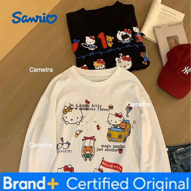 Sanrio Cartoon Girl Long Sleeved T Shirt Hello Kitty Print Kawaii Loose Anime Spring Autumn New Style Casual Sweet Versatile H260112
