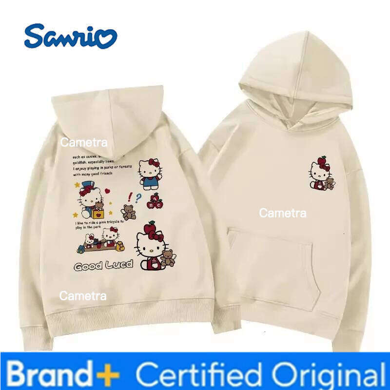 Sanrio Women's Hoodies Autumn Winter Clothing Japanese Anime Cute Hello Kitty Print Hooded Sweatshirt Y2K Oversized Cotton Pullower H260112
