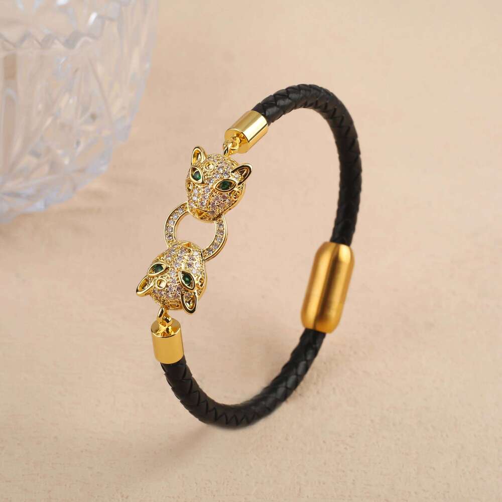 Bracelet Jewellery Textured 1 Stainless Steel Leopard Head Braided Leather Rope with Cubic Zirconia Animal Style Unisex Cuff for Daily Casual Wear and