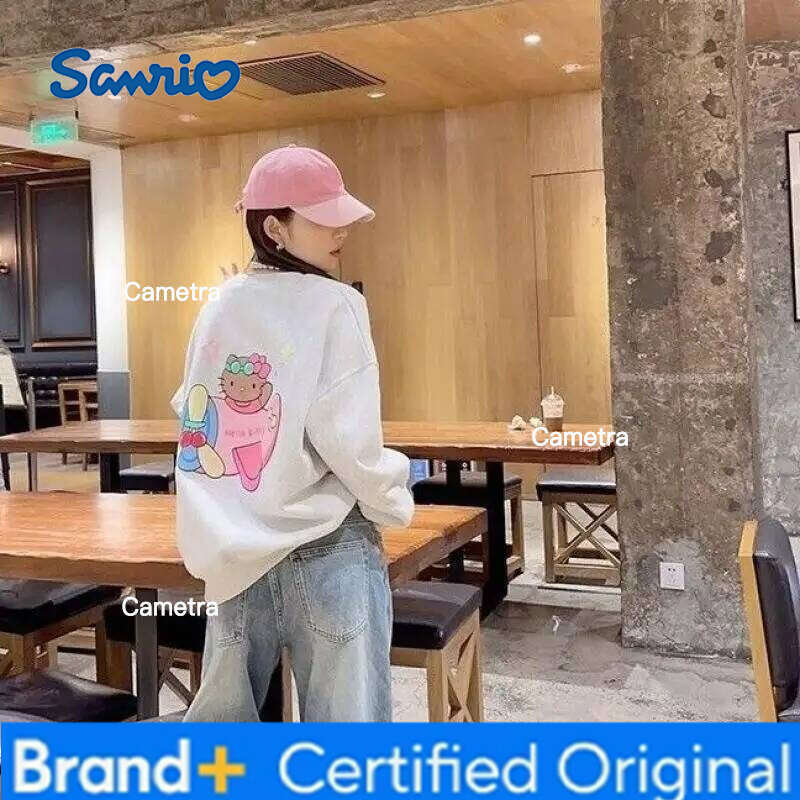 Sanrio Hot Sweet Cartoon Hello Kitty Long Sleeves Off Shoulder Girl Printing Loose Spring and Autumn Style Hoodie H260112