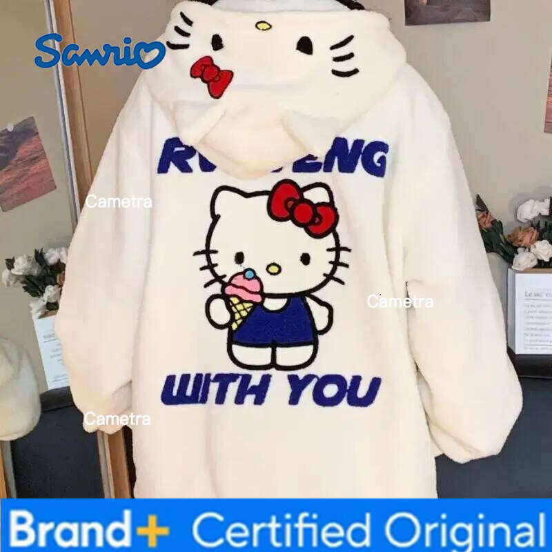 Sanrio Anime Hello Kitty Cute Jacket Cartoon Kawaii Y2K Women Tops Fashion Sweetheart Girl Sweatshirts Fleece Warm Hooded Zip-Up H260112