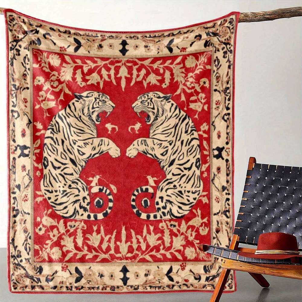 Vintage Print Flannel Throw Blanket - Soft Warm Cozy All-Season Red & Black Tiger Design with Beige Background, Contempora XJ260112