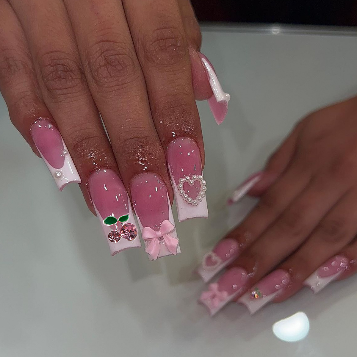 Wearable Nails Finished Wearable Nails Medium Long Square Bow Cherry White Heart French Detachable Fake Nail Stickers