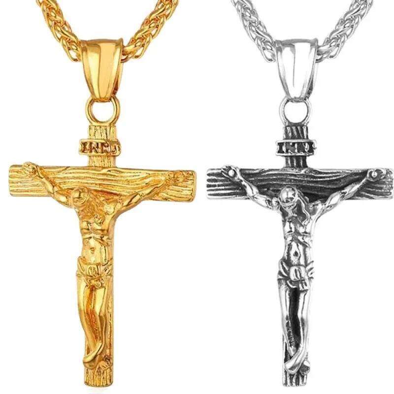New Religious Jesus Fashion Gold Color Cross Pendent with Chain Necklace Jewelry Gifts for Men and Women H260112