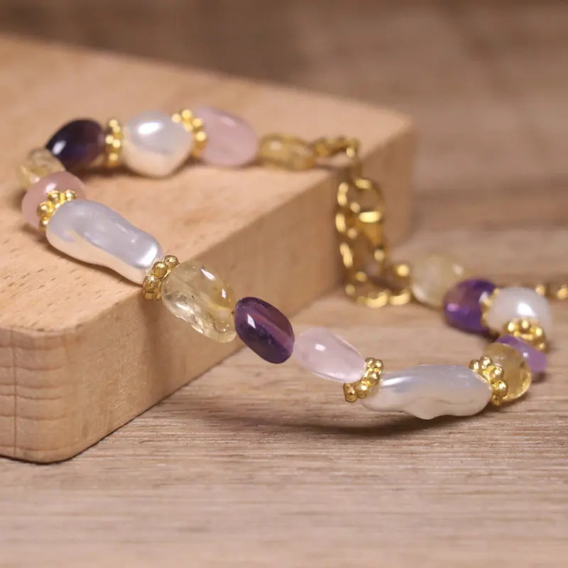 Bohemian Pearl Gemstone Bracelet Handmade Amethyst Rose Quartz Citrine Beads Gold Plated Chain Women Dainty Stackable Jewelry 260107