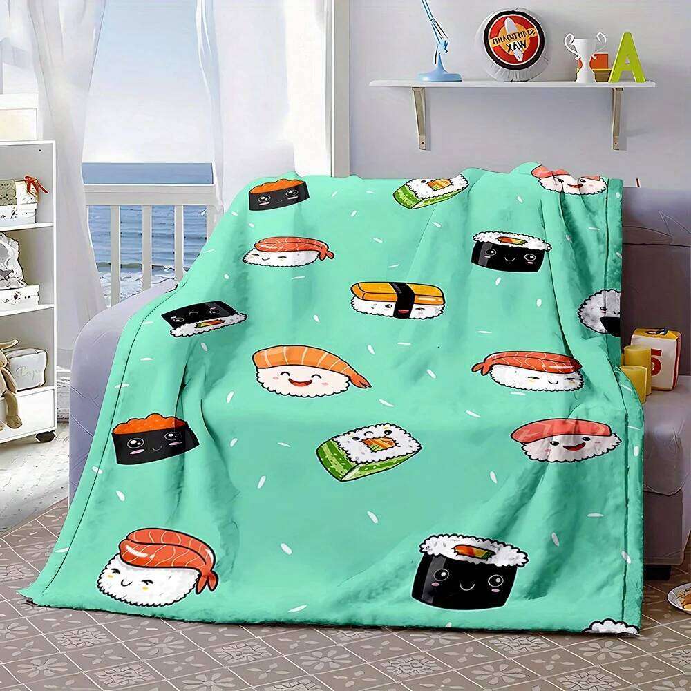 Cozy Cartoon Sushi Print Flannel Throw Blanket Perfect for Couch, Bed, Office Naps & Travel | Unique Wearable Gift Idea XJ260112