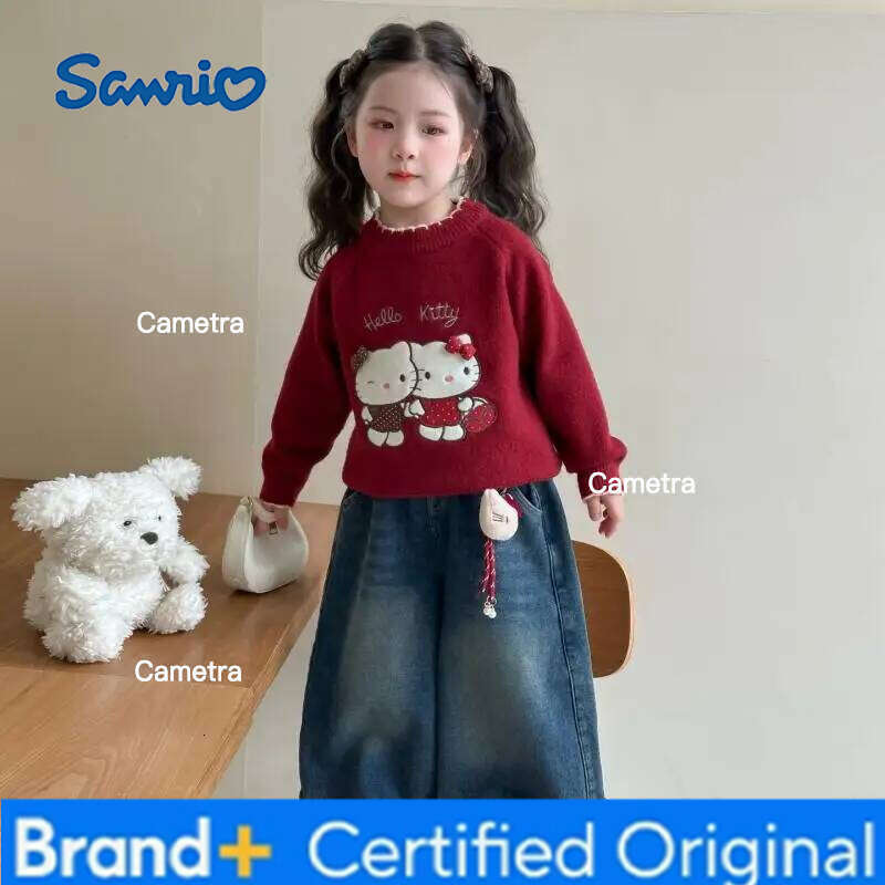 Sanrio Girl's Hello Kitty Kawaii Sweater Autumn/winter 2025 New Children's Cartoon Anime Fashion Jeans Sweet and Comfortable Soft Set H26011