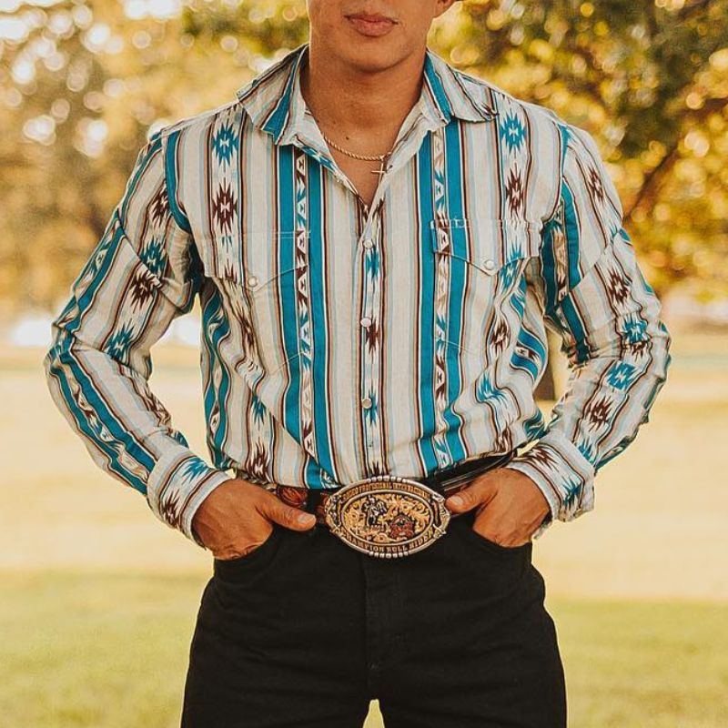 Men's Long Sleeve Western Denim Shirt, Outdoor Casual Party, HD Pattern, Soft And Comfortable Button Lapel T-shirt