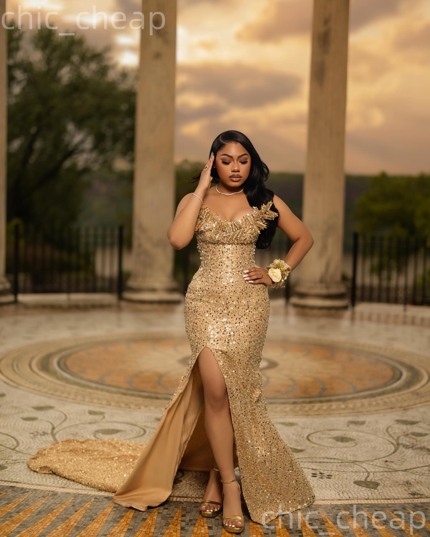 Aso Ebi 2k25 Gold Mermaid Prom Dresses 2026 Crystals High Split Sequined Evening Formal Party Second Birthday Engagement Gowns Dress For Special Occas