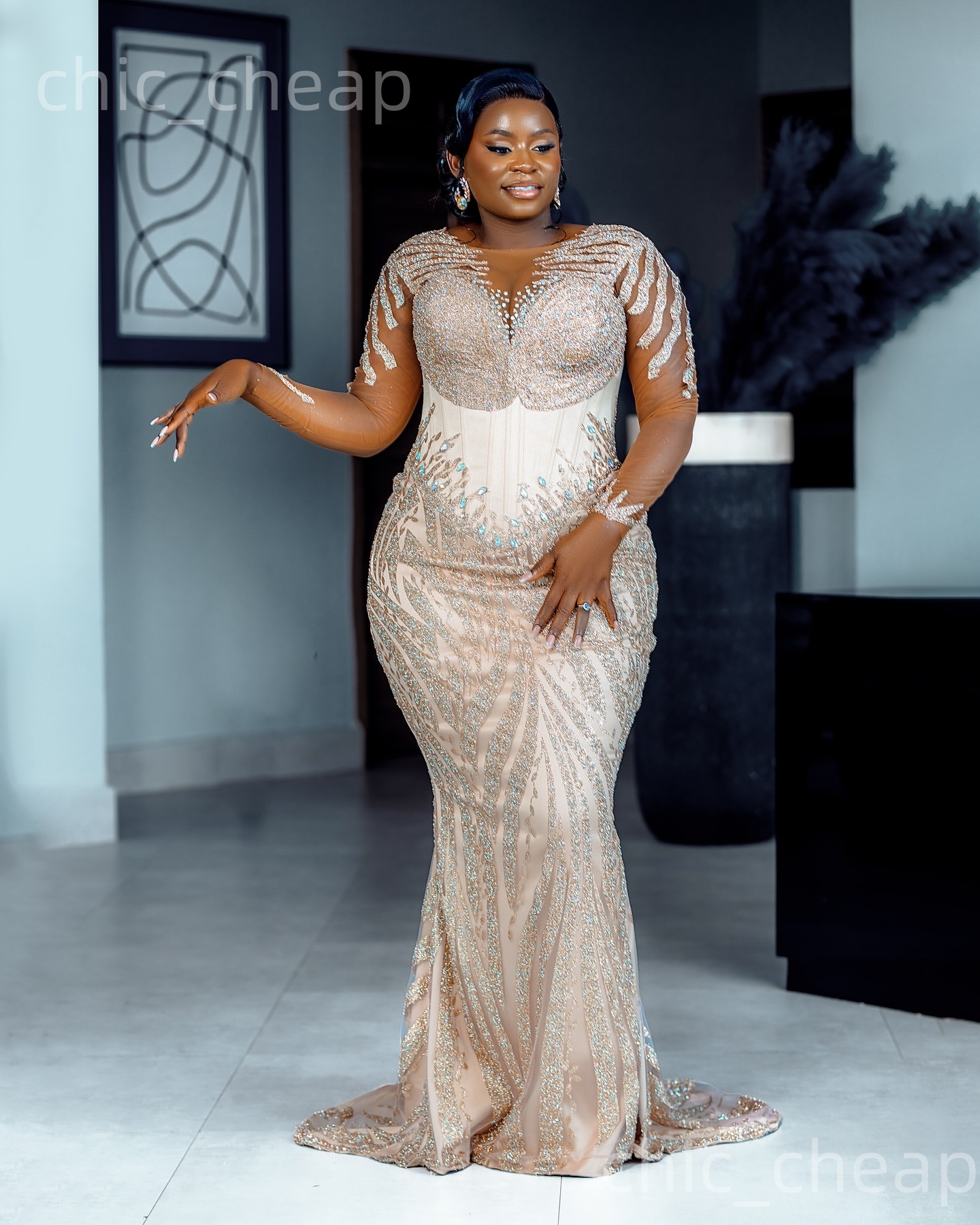 Aso Ebi Champagne Mermaid Prom Dresses 2026 Crystals Sequined Sheer Neck Evening Formal Party Second Birthday Engagement Gowns Dress For Special Occas