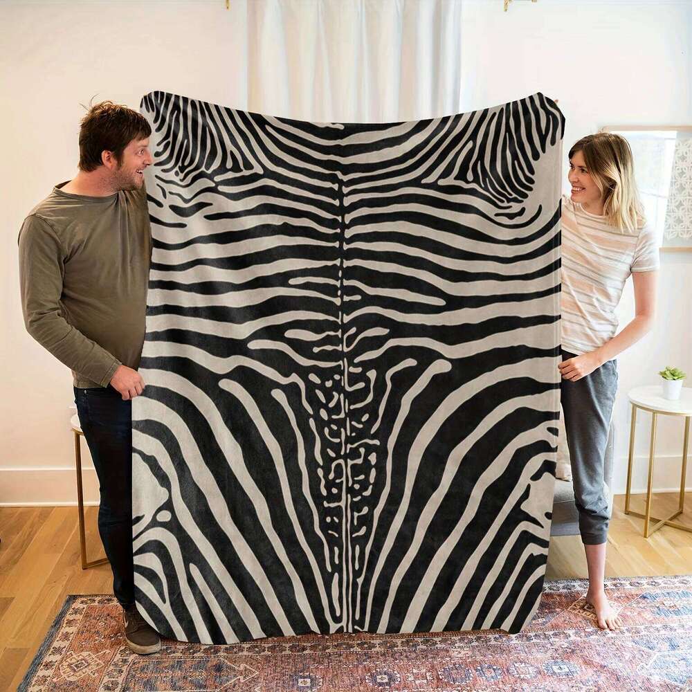 Zebra Print Flannel Throw Blanket, Soft Warm All-Season Decorative Cover for Bed Sofa, Modern Style Home Decor Gift XJ260112