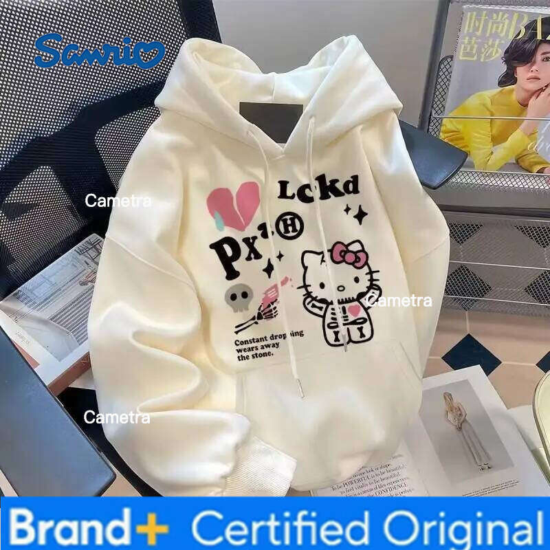 Sanrio Hello Kitty Hoodie Hong Kong Style Print Loose Fit Versatile Women's Autumn Winter Casual Trendy Fleece Sweatshirt H260112
