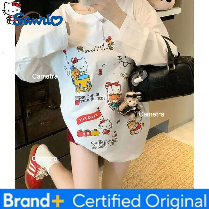 Sanrio HelloKitty Girl Kawaii Anime Fashion Student Casual Long-Sleeved Autumn and spring shirt Round neck Pullover New tops H260112