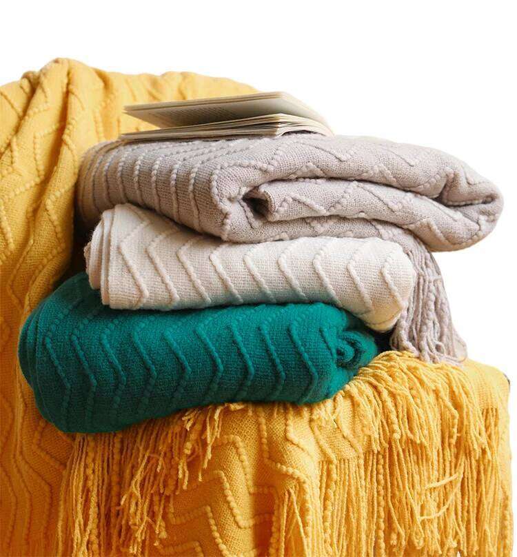 Gift Khaki Wave Blankets Textured Solid Soft Sofa Couch Cover Decorative Cozy Knitted Blanket with tassels XJ260112