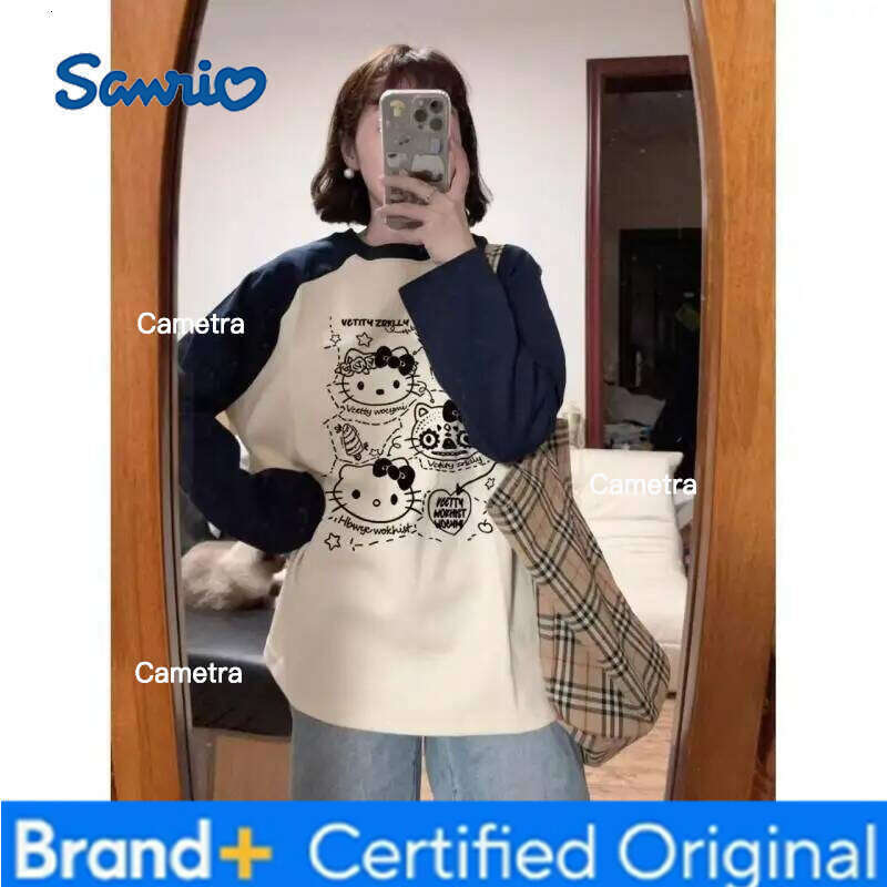 Sanrio Hello Kitty Women's T-Shirt Kawaii Cartoon Spring Autumn Woman Clothing Loose Long Sleeves Tees Sexy Base Layer Tops New H260112