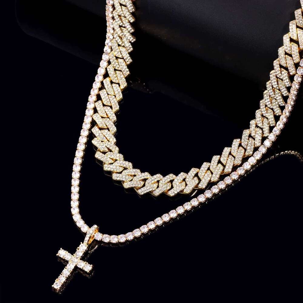 Hip Hop 2pcs Cross Tennis 14MM Prong Necklace For Men Women Iced Out 2 Row Cuban Link Chain Necklaces Couple Jewelry H260112
