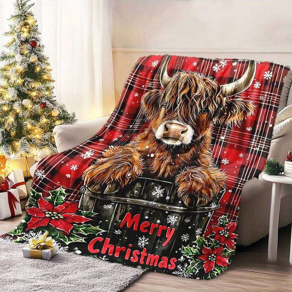 1 Pec Soft Warm Christmas Highland Cow And Snowflake Flannel Blanket Cozy Festive Gift For Family Travel Office Decoration XJ260112