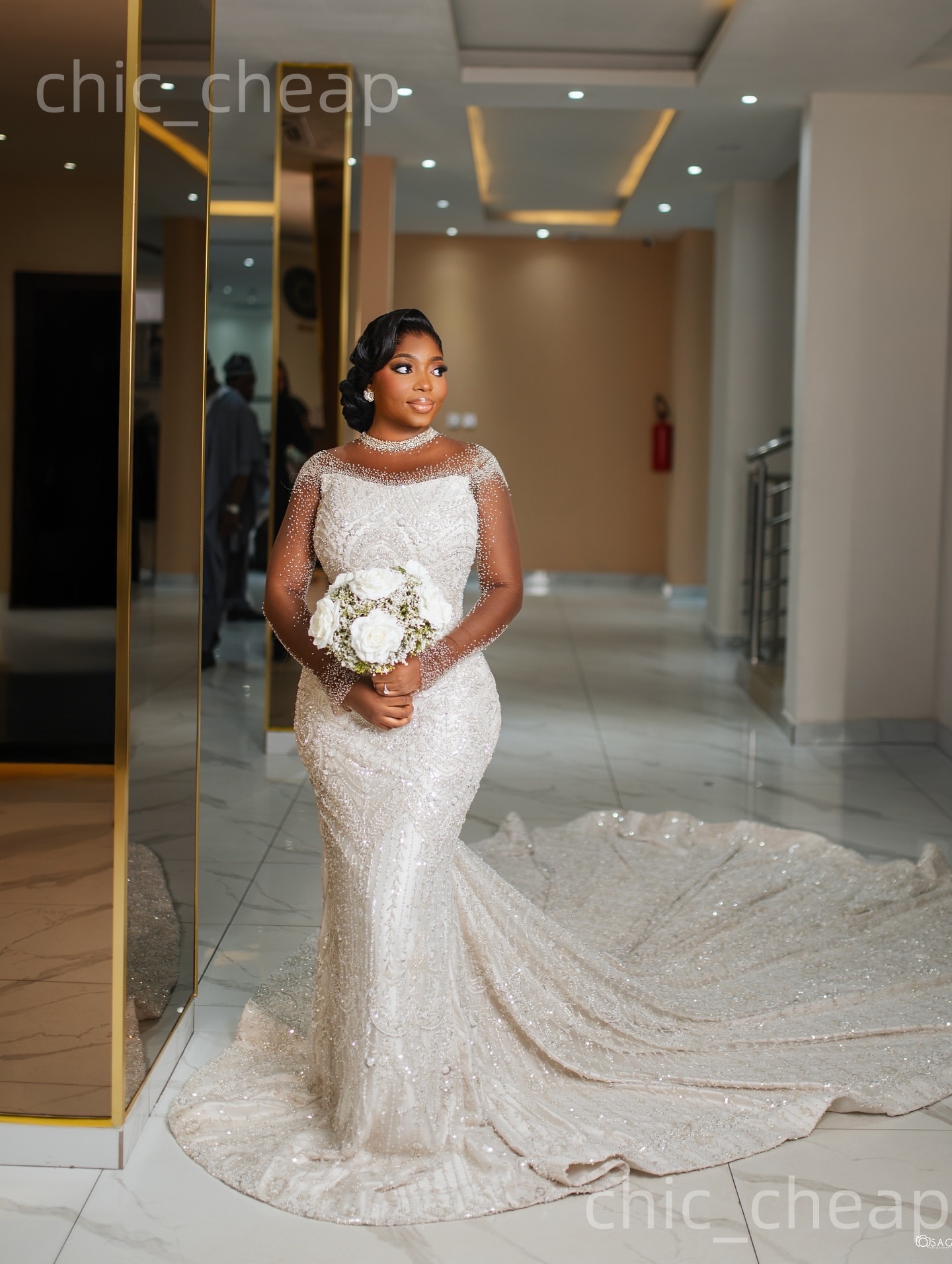 African Aso Ebi 2026 Ivory Mermaid Wedding Dress Beaded Full Sleeves Sheer Neck Sequined Sparkly Elegant Bridal Gowns Dresses ZJ212