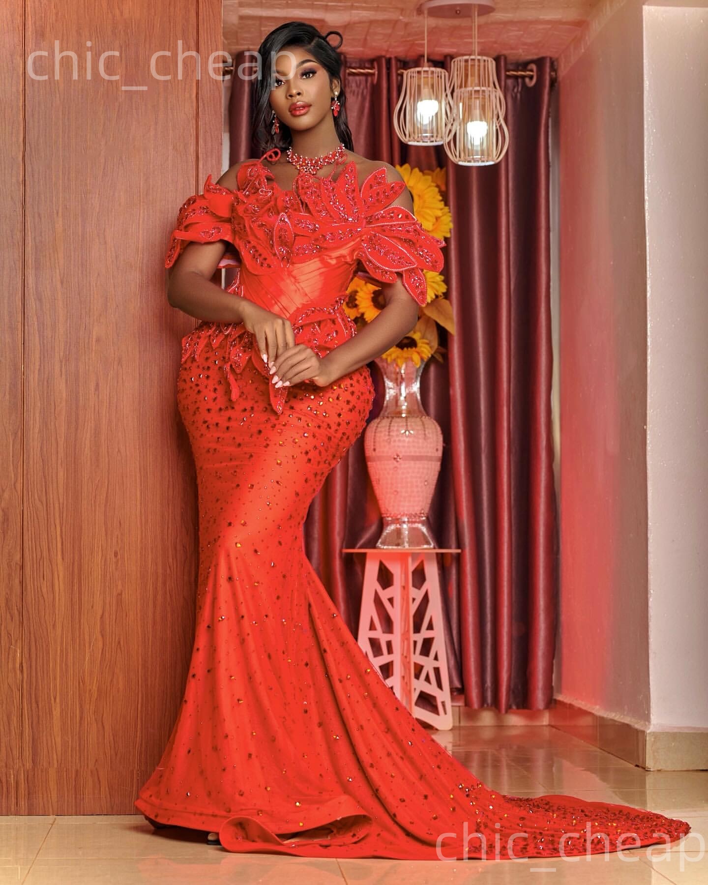 Aso Ebi Red Mermaid Prom Dresses 2026 Florals Crystals Sweetheart Evening Formal Party Second Birthday Engagement Gowns Dress For Special Occasions