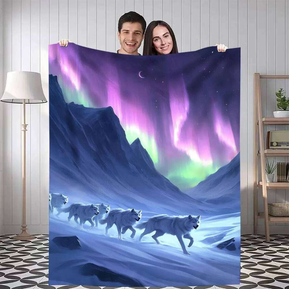 1pc Aurora Pack Digital Printed Design Blanket - All-Season Soft Flannel Throw with Vibrant Northern Lights & Wolf Silhouet XJ260112