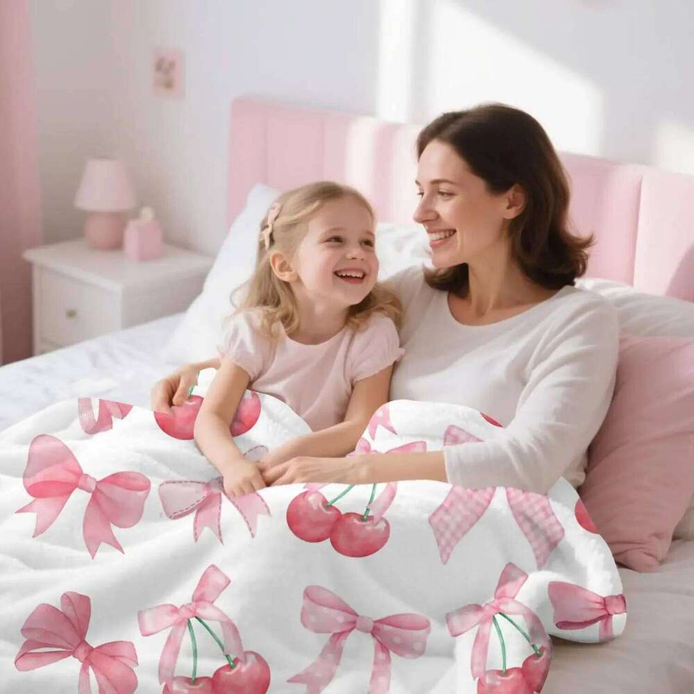 Pink Bow Throw Blanket Soft Flannel, Cute Bowknot Cherry Design, Preppy Girly Gift for Girls, Women, Teens XJ260112