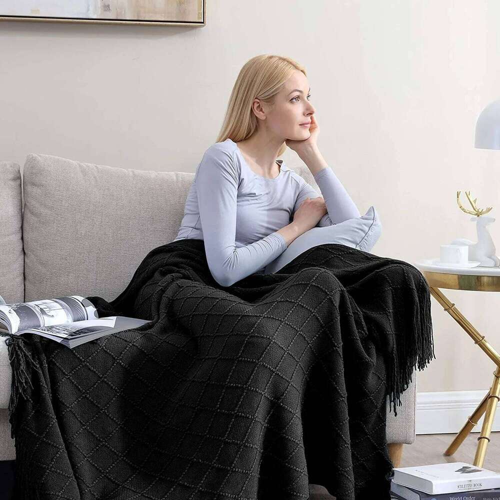 Gift Fall Black for Couch-Soft Boho Bed Blankets,Cozy Knitted Throw Blanket,Oversized Knit Farmhouse Blanket XJ260112